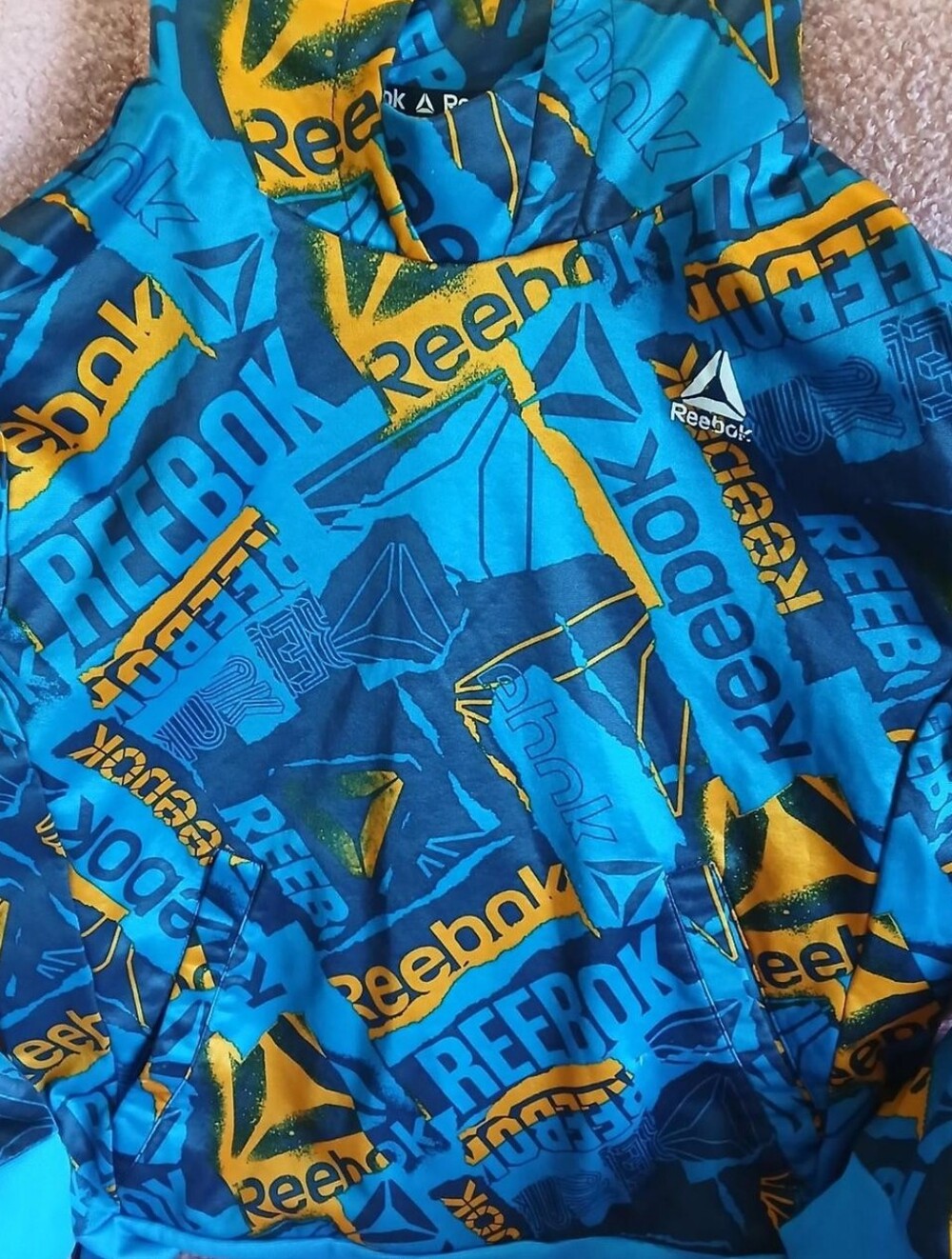 Reebok Boys Blue & Orange All Over Print Hoodie Sweatshirt Boys XL(14/16)